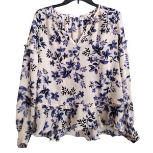 Parker Floral Blue and Cream Print Long Sleeved Sheer Top Ruffle Size Large